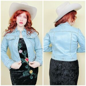 1990s Vintage Baby Blue Leather Jacket / Rainbow Rhinestone Studded Coat / Small